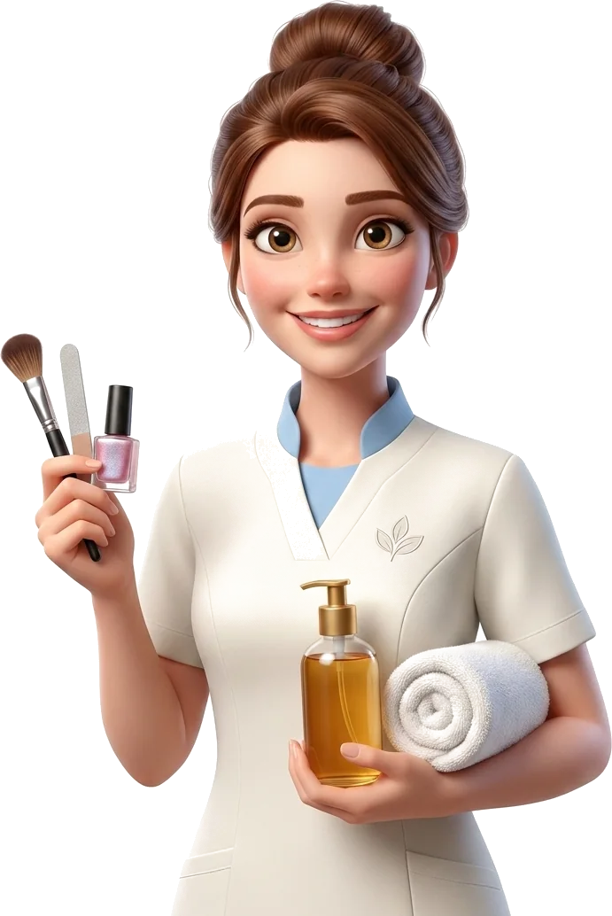 Romy mit Pinsel, Nagelfeile, Pflegeöl und Handtuch vor einer Behandlung